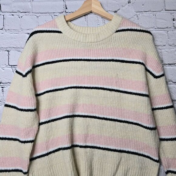HM Divided Wool Blend Cream Pink Black Stripe Crew Neck Knit Sweater Size S - Picture 2 of 9